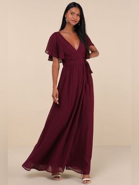 Lulus Convincing Grace Burgundy Flutter Sleeve Wrap Maxi Dress Size L